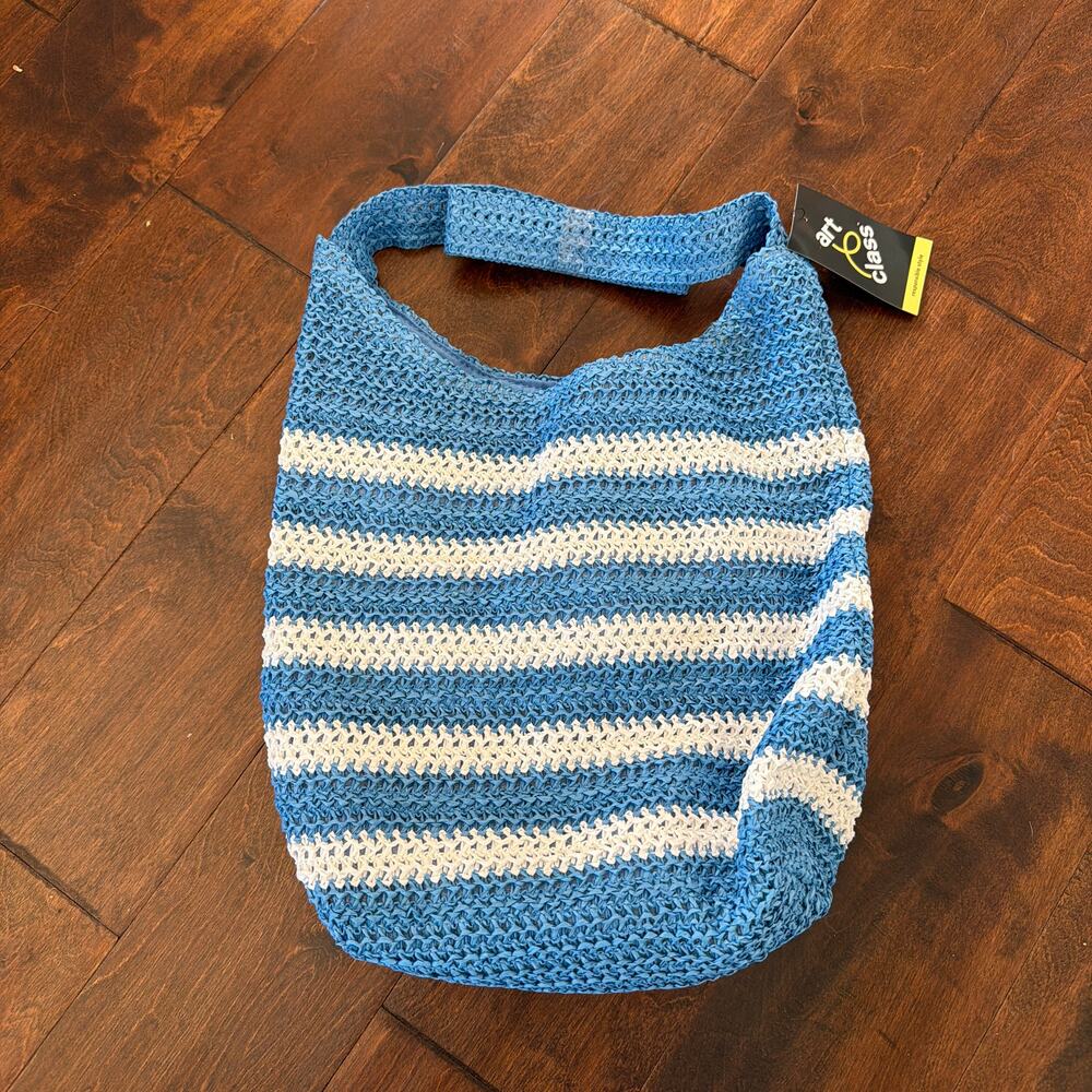 Art Class Woven Purse Bag Striped Girls Women's Blue White Summer Tote NEW